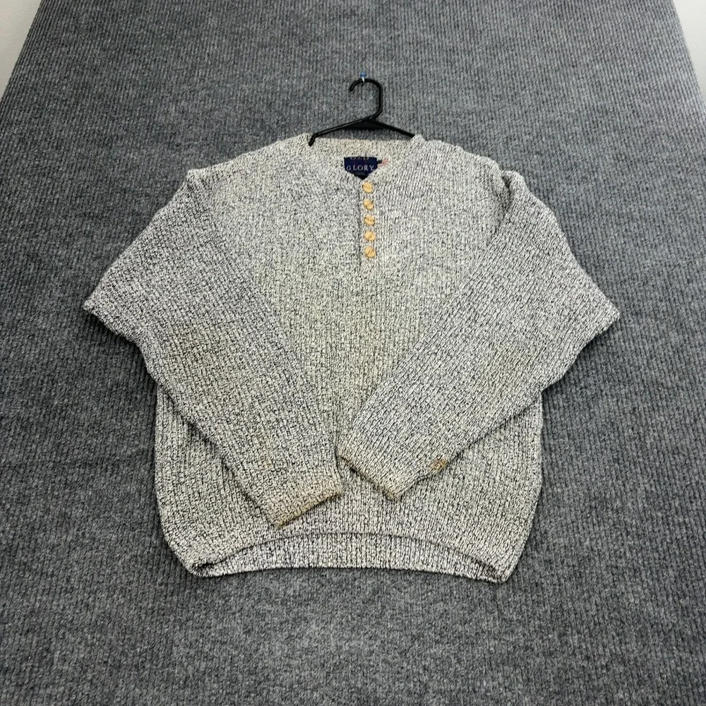 Old Glory Sweater Mens L White Black 100% Cotton Henley Knit Pullover‎ Casual